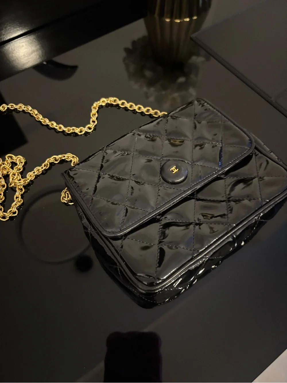 CHANEL Black Patent Quilted Crossbody with Gold Chain